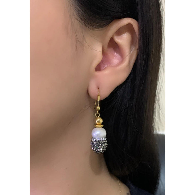 Aretes Oro Laminado Turco Con Perla Y Cristales