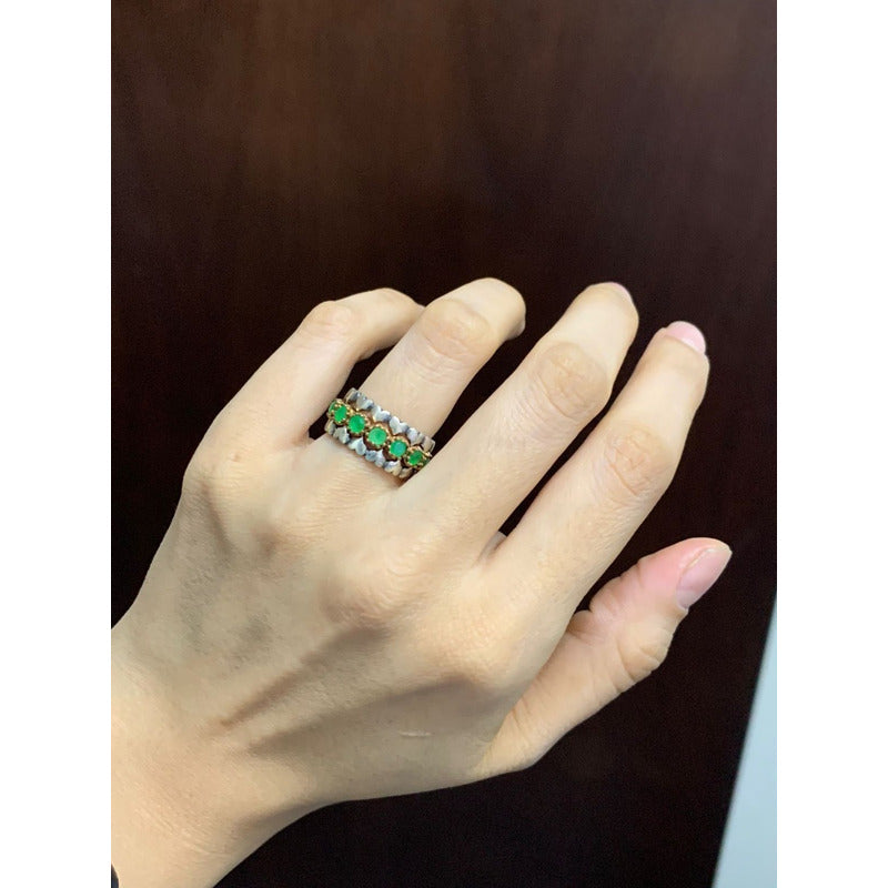 Anillo Plata Turca , Triple,artesanal Con Jade, Estambuljoya Color Verde Talla 6