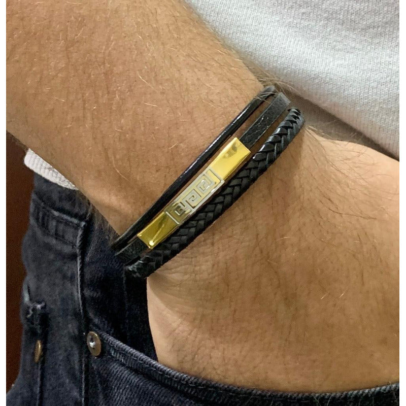 Pulsera De Acero Y Piel, Triple, Turca Ajustable Para Hombre Largo 21 Cm