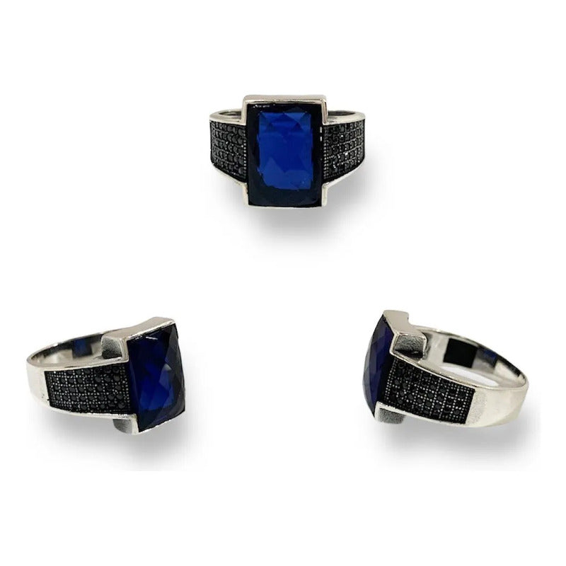 Anillo Plata925 Turco Rectangular Para Hombre Estambul Joya Color Azul Talla 12