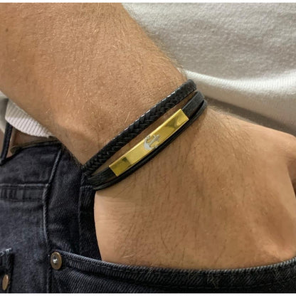 Pulsera De Acero Y Piel, Triple, Dije Ancla,  Para Hombre Negro 21 Cm
