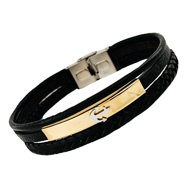 Pulsera De Acero Y Piel, Triple, Dije Ancla,  Para Hombre Negro 21 Cm