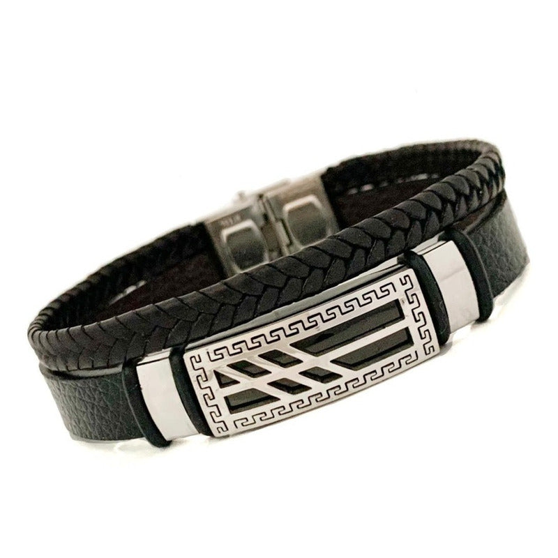 Pulsera De Acero Y Cuero Doble, Dije De Lineas, Para Hombre 21 Cm