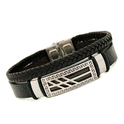 Pulsera De Acero Y Cuero Doble, Dije De Lineas, Para Hombre 21 Cm