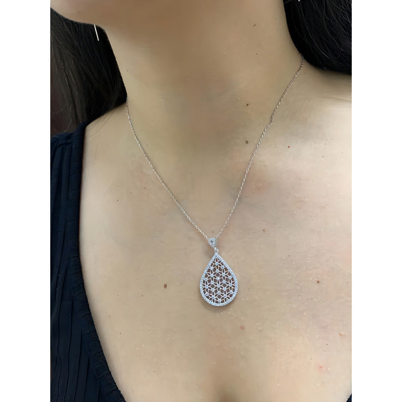 Collar Plata 925 Turca, Gota Grande, Cristales Estambul Joya Color Blanco