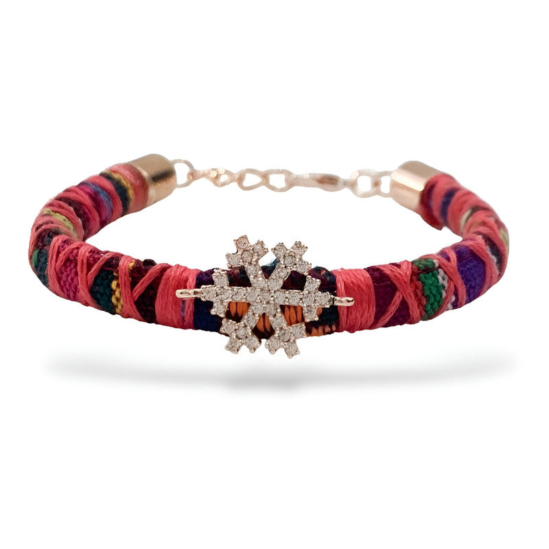 Pulsera Bisuteria Con Hilos Dije Copo De Nieve Estambul Joya Color Rosa Diámetro 6 Cm Largo 19 Cm