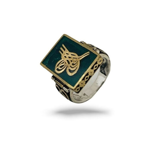 Anillo Plata 925 Turco Otomano,firma Sultan, Estambul Joya Verde Oscuro 9.5