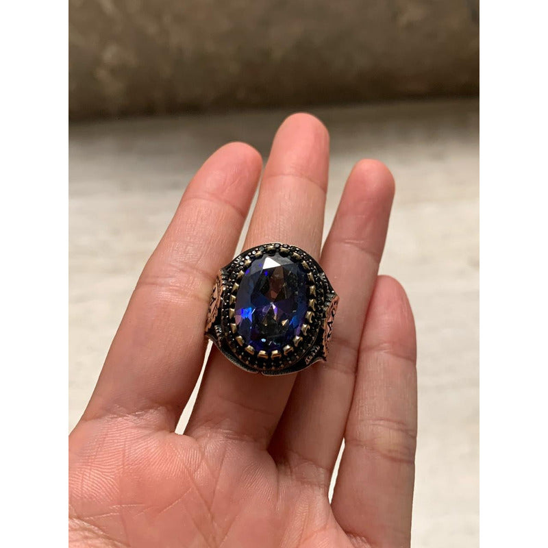 Anillo De Plata925 Ovalo Topacio Para Hombre Estambul Joya Azul Marino 12