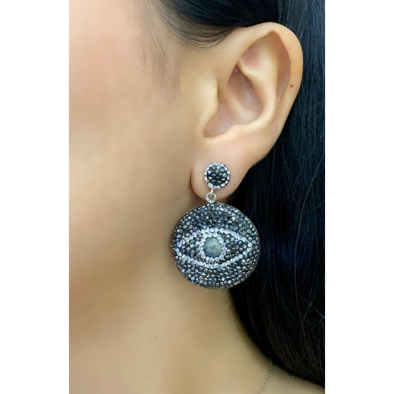 Aretes De Plata, Redondos Con Ojo Y Cristales Estambul Joya