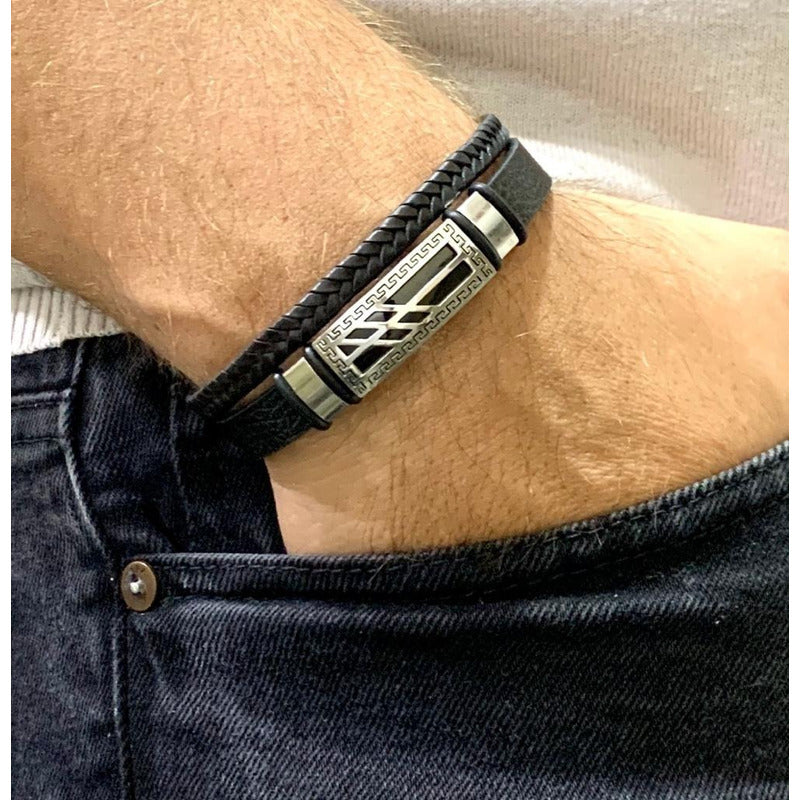 Pulsera De Acero Y Cuero Doble, Dije De Lineas, Para Hombre 21 Cm