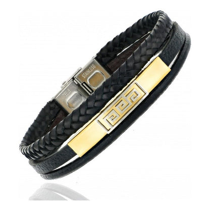 Pulsera De Acero Y Piel, Triple, Turca Ajustable Para Hombre Largo 21 Cm